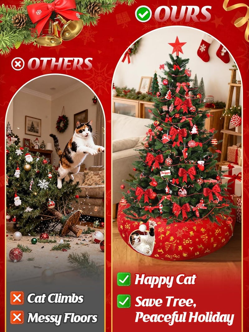 Beeplove Cat Tunnel Christmas Tree Skirt - Red & Golden Cat Donut Bed, Christmas Tree Protector from Cats, Xmas Cat Gifts Accessories - Image 2